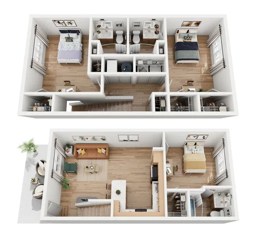 Modern duplex floor plan showcasing two levels with 3 spacious bedrooms, an inviting open-concept living area, and a sunlit kitchen with a breakfast bar. Features stylish hardwood flooring and cozy outdoor balcony space.