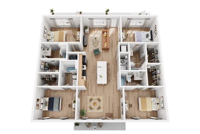 Modern 3D apartment floor plan showcasing 3 spacious bedrooms, a cozy open-concept living area, and a sleek kitchen with an island, perfect for contemporary living.