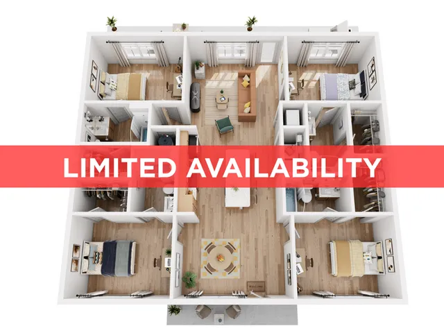 Modern 3D floor plan with 3 bedrooms, inviting living space, and open kitchen design, highlighting limited availability.