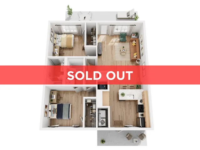 Charming 3D floor plan featuring a sold-out two-bedroom apartment with an inviting open-plan living and dining area, modern kitchen, and cozy decor.