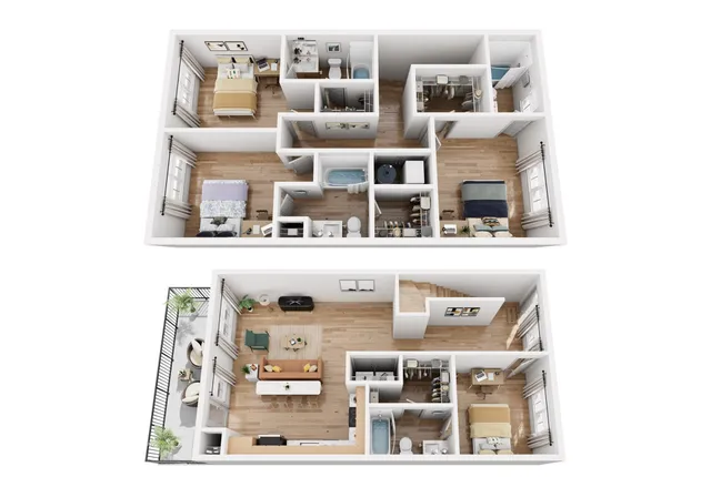 Charming two-story 3D floor plan featuring three cozy bedrooms, two modern bathrooms, a stylish open-concept living area, and a delightful balcony space.