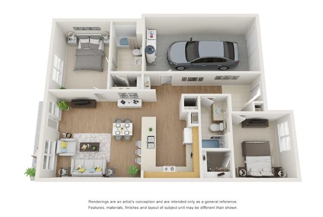 Contemporary 3D floor plan showcasing 2 bedrooms, an open living area, modern kitchen, and integrated garage for seamless living.