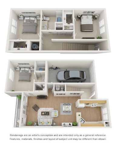 Chic two-story apartment floor plan featuring three bedrooms, cozy living area, modern kitchen, and an attached garage.