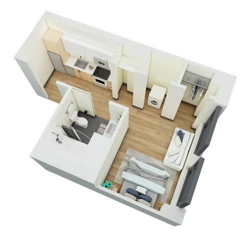 Modern 1-bedroom apartment floor plan with kitchen and living room.