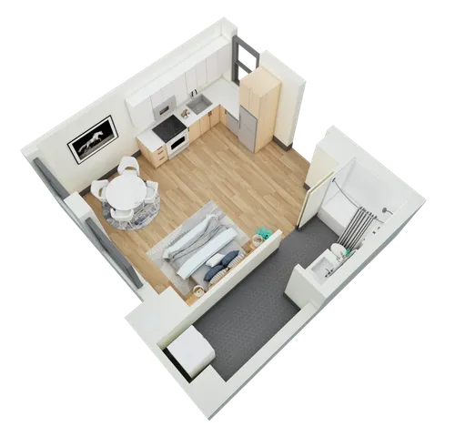 Contemporary studio apartment floor plan featuring an open-concept kitchen, dining, and living space with a cozy bathroom layout.