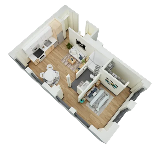 Modern apartment floor plan showcasing an open kitchen, cozy living room, inviting dining area, spacious bedroom, and sleek bathroom.