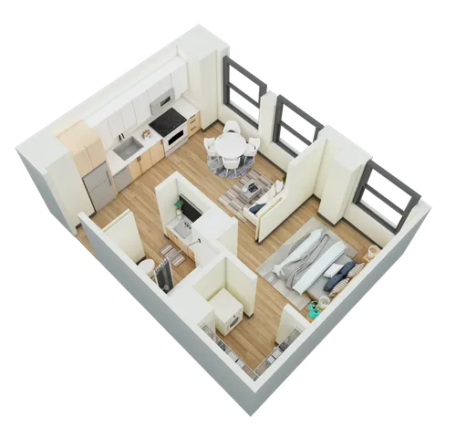 3D floor plan of a modern open-plan apartment with bedroom, living area, and kitchen.