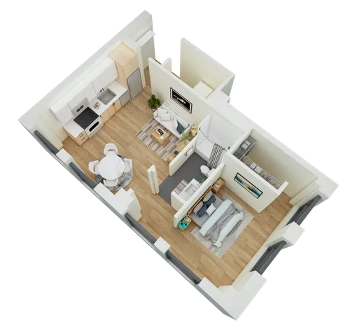 Floor plan of a stylish one-bedroom apartment featuring an open kitchen, cozy living room, and elegant dining area.