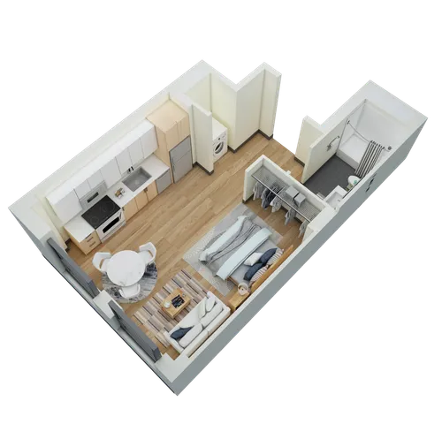 Modern one-bedroom apartment floor plan with open living area, kitchen, and bathroom.