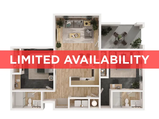 Modern 2-bedroom apartment floor plan with spacious open-concept living area, stylish kitchen, and private balcony. Limited availability for this desirable layout.