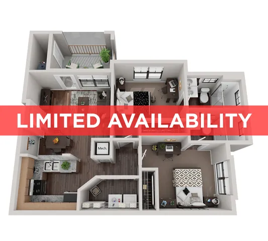 Modern 3D floor plan showcasing luxury apartment with 2 bedrooms, spacious living area, stylish kitchen, and balcony access. Limited availability offers elite living space.