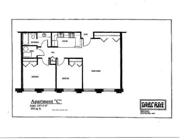 Floor plan of Lovell Place Apartment C with 2 bedrooms, kitchen, bathroom, and living room, 955 sq ft.
