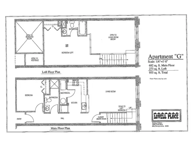 Floor plan of Apartment G with loft and main floor layouts, featuring 2 bedrooms, kitchen, living room, 955 sq. ft. total