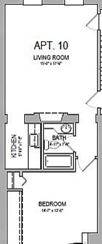 Apartment 10 floor plan with spacious living room, modern kitchen, cozy bedroom, and bathroom layout.