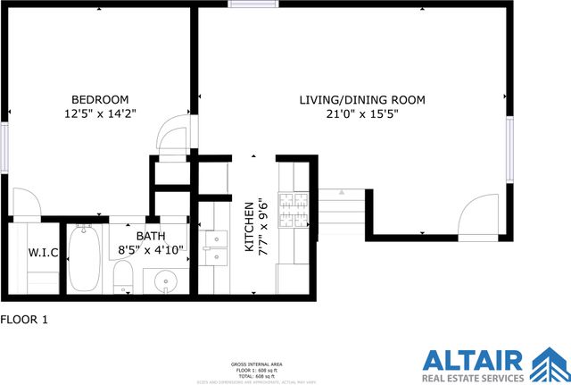 Chic floor plan featuring a spacious bedroom with walk-in closet, large living and dining area, modern kitchen, and elegant bath, covering 608 sq ft.