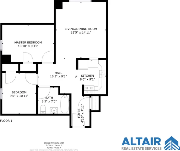 Elegant floor plan of a 741 sq ft apartment featuring 2 bedrooms, a spacious living/dining room, a modern kitchen, and a cozy bath. Perfect for comfortable living.