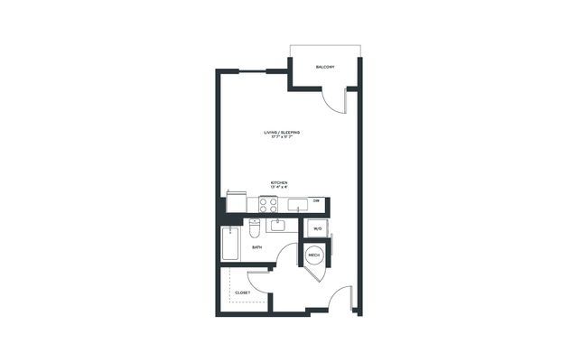 Contemporary studio apartment floor plan with balcony, open living area, kitchen, bath, and closet.