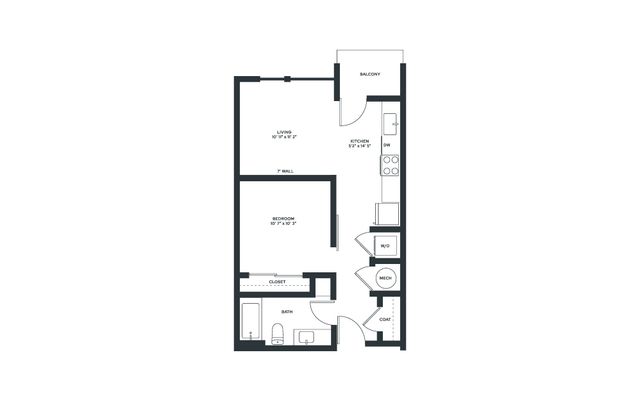 Contemporary one-bedroom apartment floor plan with living room, kitchen, and balcony.