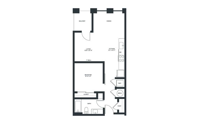 Floor plan of a stylish one-bedroom apartment with kitchen, living room, dining area, bathroom, and balcony.