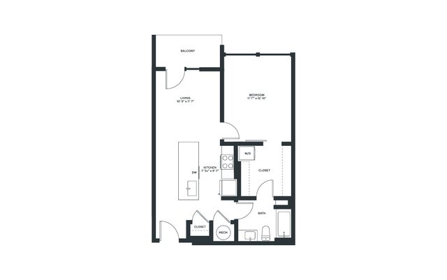 Modern one-bedroom apartment floor plan with spacious living area, kitchen, bathroom, and balcony.