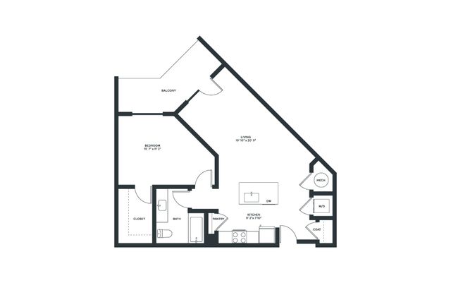 Contemporary one-bedroom apartment floor plan with an open living area, balcony, kitchen, and bathroom.