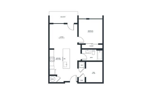 Contemporary one-bedroom apartment floor plan featuring a spacious living room, kitchen with island, bathroom, den, and balcony.