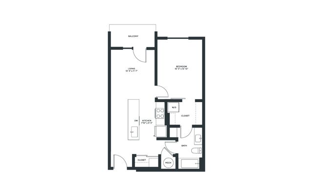 Contemporary apartment floor plan featuring one bedroom, spacious living room with balcony, and modern kitchen.