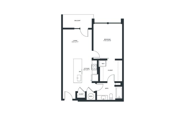 Contemporary one-bedroom apartment floor plan featuring a spacious living area, kitchen with island, large bedroom, bathroom, and balcony.