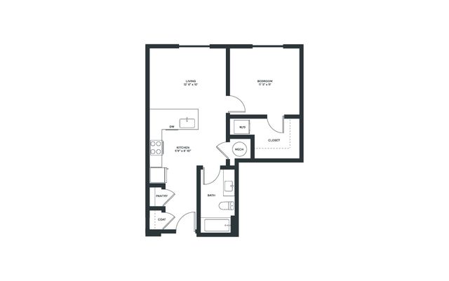 Detailed floor plan of a one-bedroom apartment featuring a spacious living room, kitchen, bathroom, and closets.
