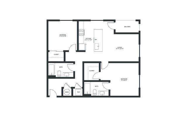 Chic Haven apartment floor plan with 2 bedrooms, modern kitchen, open living area, and balcony.