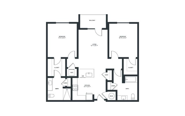 Modern apartment floor plan with two bedrooms, kitchen, and living area, featuring a balcony.