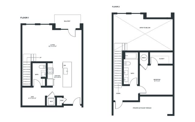 Luxurious duplex floor plan featuring one bedroom, open living space, modern kitchen, and private outdoor terrace.