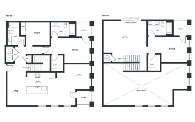 Spacious two-floor apartment layout with two bedrooms, two bathrooms, kitchen, dining area, and multiple balconies, including a private outdoor terrace.