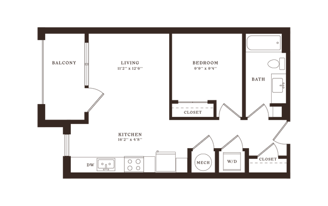Modern 1-bedroom apartment floor plan featuring a cozy living area, practical kitchen, private balcony, and convenient in-unit washer/dryer.