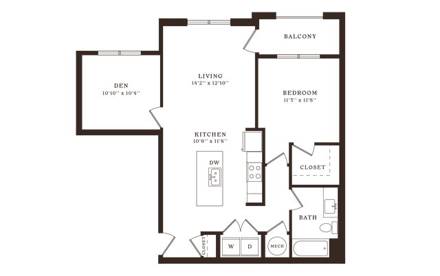 Modern apartment floor plan featuring a cozy den, spacious living area, intimate bedroom, and a sleek kitchen, complete with a balcony for outdoor relaxation.