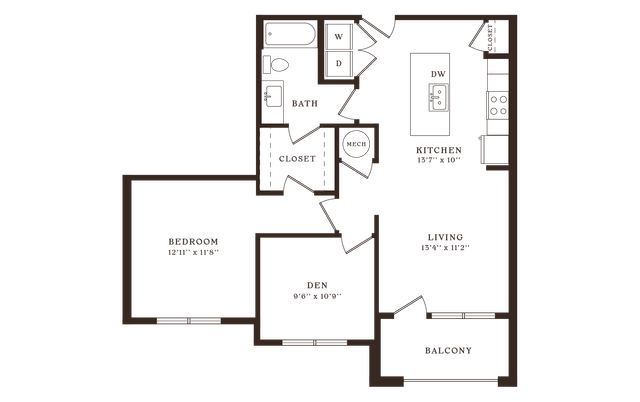 Cozy floor plan featuring one bedroom, a versatile den, and an inviting living area with adjacent balcony.