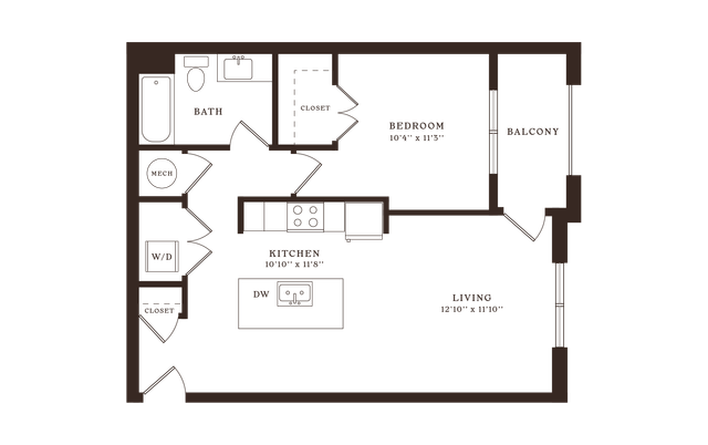 Modern floor plan showcasing one bedroom with a cozy balcony, spacious living area, and efficient kitchen layout.