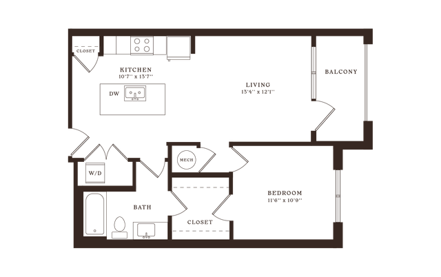 Modern floor plan featuring a spacious kitchen, cozy living area, bedroom with ample closets, and a lovely balcony.