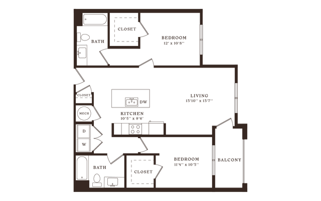 Contemporary floor plan featuring 2 bedrooms, open kitchen, spacious living room, and a balcony.