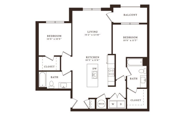 Modern floor plan showcasing 2 bedrooms, open living area, sleek kitchen with island, and private balcony.