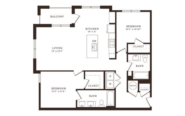 Modern 2D floor plan with two cozy bedrooms, open kitchen with island, spacious living area, and inviting balcony.