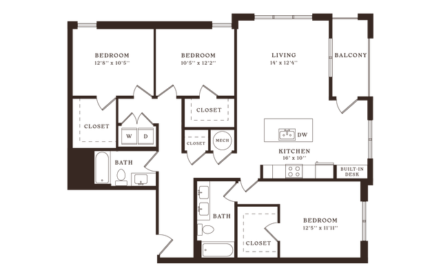 Modern floor plan showcasing 3 bedrooms, open living area with balcony, sleek kitchen, and dual bathrooms with integrated laundry space.