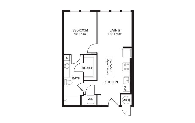 Modern 1-bedroom apartment floor plan featuring a cozy living area, efficient kitchen, and spacious bathroom.
