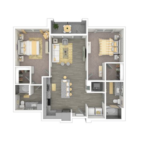 Charming floor plan showcasing 2 cozy bedrooms, modern open-concept living space, sleek kitchen, and stylish bathrooms.