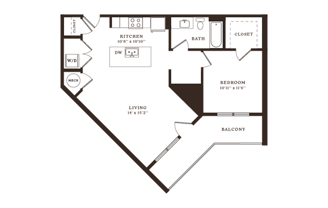 Modern one-bedroom apartment floor plan featuring an open-concept living and kitchen area with a spacious balcony, and convenient laundry amenities.