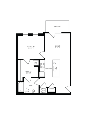 Modern studio floor plan featuring an efficient layout with a kitchen, laundry area, and full bathroom.