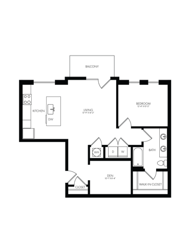 Modern 1-bedroom apartment floor plan featuring an open-concept kitchen and cozy living area with convenient laundry and bathroom amenities.