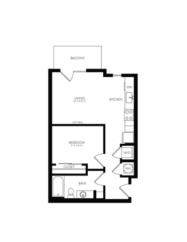 Modern studio apartment floor plan with a cozy living space, efficient kitchen area, and a stylish bathroom.