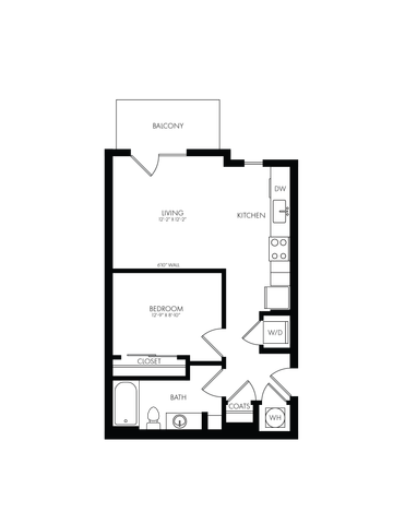 Modern and compact studio apartment floor plan with a full kitchen, bathroom, and convenient in-unit washer and dryer.