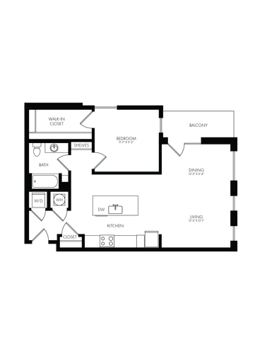 Modern 2D floor plan of a sleek studio apartment featuring an open kitchen with island, spacious living area, and convenient laundry space.